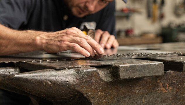 Close medium shot showcasing a specialist carefully adjusting a thin kerf saw blade with precision hammer taps on anvils highlighting delicate blade alignment.