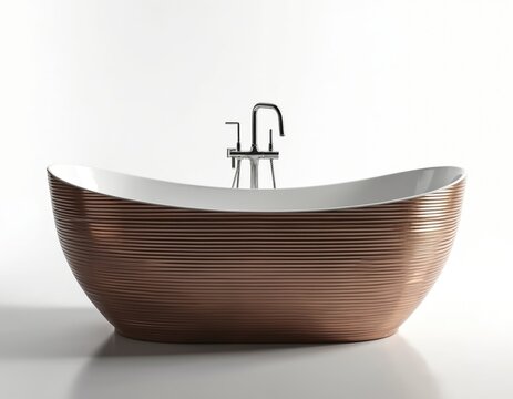 Modern oval copper bathtub with chrome faucet. Freestanding tub on white background, perfect for luxury home bathroom design. Contemporary style.