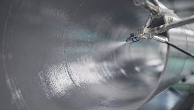 Closeup medium shot of internal coating application on hydrogen pipelines highlighting advanced permeability control techniques for sustainable energy transport.
