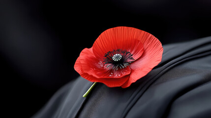 Red poppy with water droplets resting on dark cloth, symbolizing remembrance, respect and peace, honoring military personnel on Remembrance Day, ANZAC Day, or Europe Day
