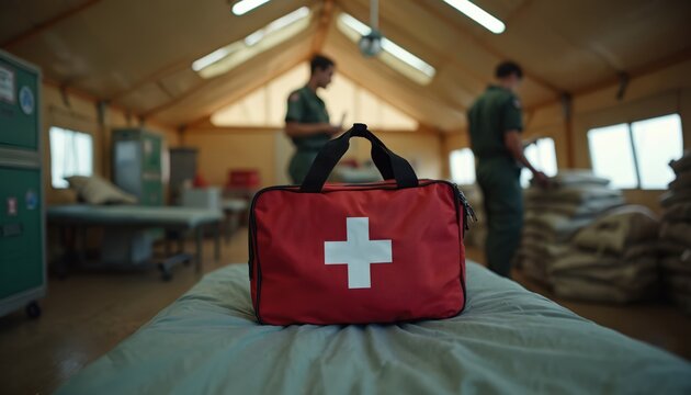 Red medical bag sits on cot inside military tent. People in uniform work among medical supplies and equipment. Battlefield medical aid and care.
