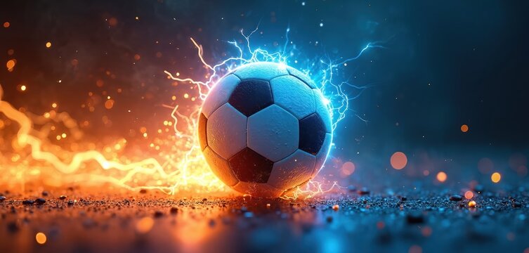 Energetic soccer ball bursts with vibrant blue lightning and fiery orange sparks. Dynamic abstract sports art symbolizes power, speed, and intense competition.