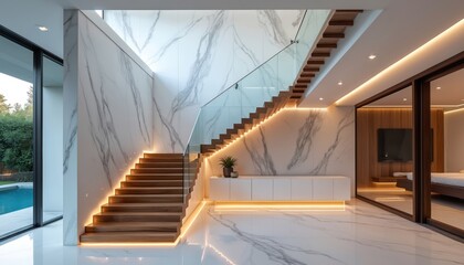 Obraz premium Modern villa interior features floating wooden stairs with glass railing and ambient LED lighting. Marble walls and floors create a luxurious feel. Includes a glimpse of a bedroom and outdoor pool.