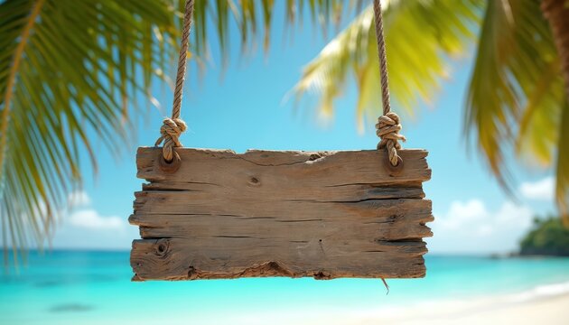 Empty rustic wooden sign hangs by rope from palm trees on sunny tropical beach. Blue ocean water and sand background create a peaceful vacation setting.
