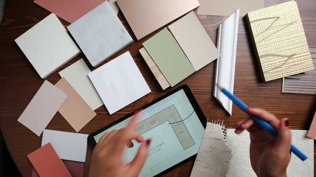 Architect sketching floor plan with material samples on workspace