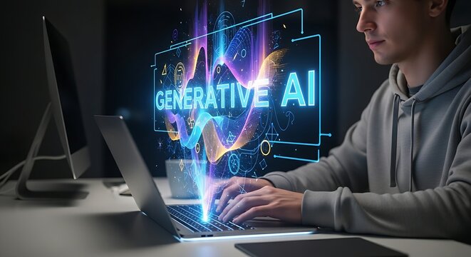 Generative AI concept. A hand typing a command on a keyboard, with a hologram above materializing a complex piece of abstract art, representing AI-powered creation.