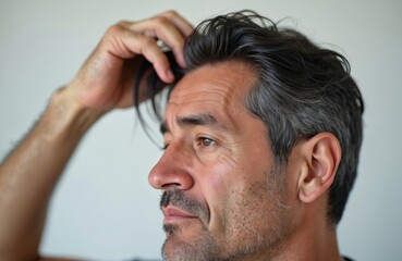 Obraz premium Man checks thinning hair on his temple. Middle-aged male worries about receding hairline and graying hair. Concerned person considers hair loss and appearance.