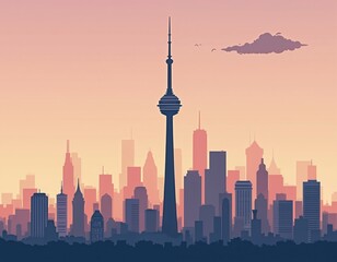 Naklejka premium Flat illustration of Toronto skyline at dawn. CN Tower stands tall over city buildings. Pastel sky fades from pink to yellow, creating a modern urban panorama.