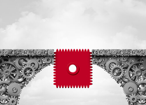 Business solution success bridge as an industry strategy and economic solutions concept connecting two divided paths to join together with a square cog as a symbol of economy integration or bridging t