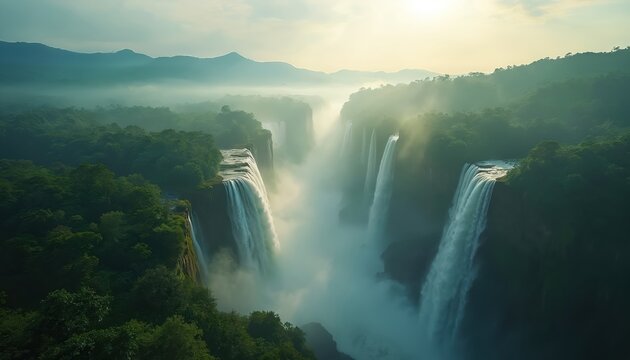 Misty jungle canyon with tall waterfalls flowing down steep cliffs. Lush green trees cover mountainsides under soft light. Water cascades into a foggy abyss.