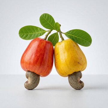 Red and Yellow Cashew Apples with Raw Nuts and Leaves &ndash; Fresh Tropical Fruit Isolated - sinhala new year