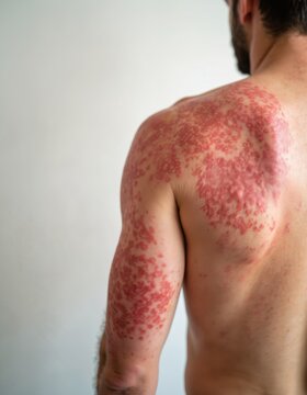 Man shows red scaly skin patches on his back and shoulder. He has skin irritation and discomfort due to eczema or psoriasis. Needs medical help.