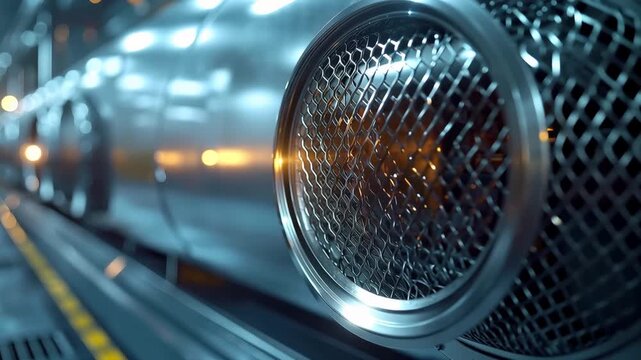 Industrial Grids and Structures: An intriguing display of industrial components, the image focuses on a close-up of metallic mesh structures, showcasing intricate details and a cool.