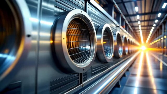 Modern Industrial Marvel: A captivating perspective within an industrial facility, showcasing rows of metallic, circular components, evoking innovation and precision.