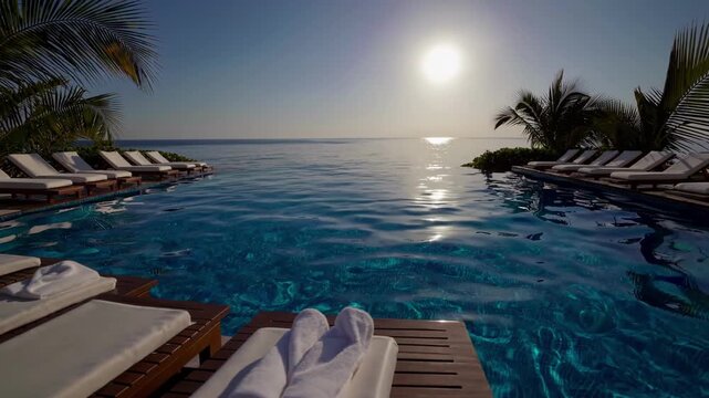 Opulent Seaside Escape. Exclusive Tropical Resort Overlooking Calm Ocean At Dusk. Highend Seaside Haven Offering Spectacular Sunset Views Over Peaceful Waters And Luxurious Surroundings