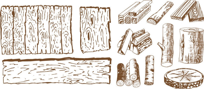 Rustic Lumber Sketch Set &ndash; Wooden Logs, Planks and Boards with Stacked Timber and Tree Trunks Vector Illustration