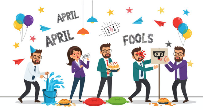 Joyful office colleagues celebrate April Fools' Day with a series of playful pranks and humorous surprises, creating a festive and lighthearted workplace atmosphere