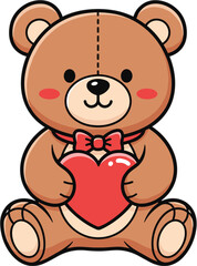 Obraz premium Cute teddy bear holding red heart with bow romantic valentine love concept adorable cartoon vector illustration