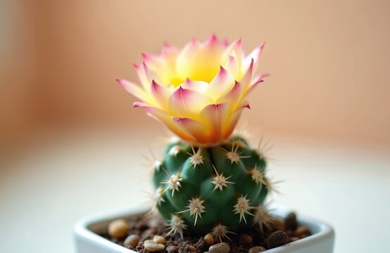 Small green cactus Astrophytum asterias with yellow pink flower bud blooming in white pot with pebbles. Desert plant succulent grows indoors.