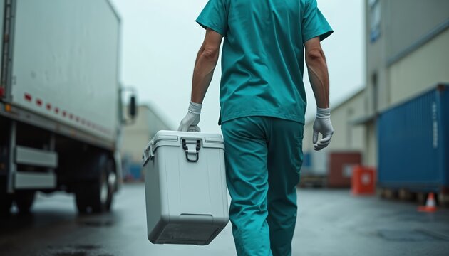 Medical worker carries cooler with organ for transplant to transport truck. Lifesaving donation reaches recipient for surgery. Delivery ensures patient care.
