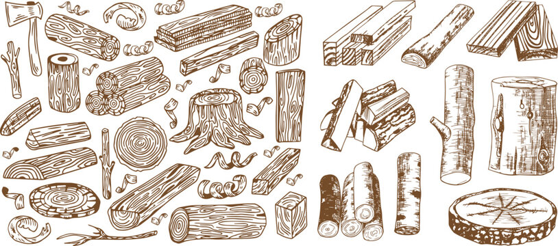Vintage Lumber and Wooden Boards Set &ndash; Hand-Drawn Logs, Trunks and Planks in Sketch Style Vector Illustration