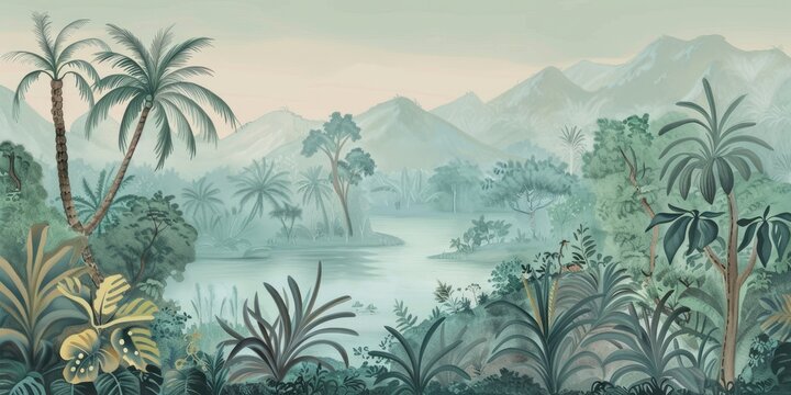 Wallpaper serene tropical landscape painting in pastel tones	
