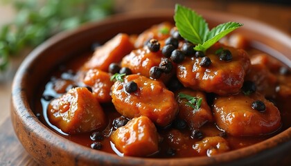 Close-up of adobo chicken and pork stewed in rich, savory spices. Whole black peppercorns and fresh herbs garnish this hearty, flavorful Filipino dish served in a rustic bowl.