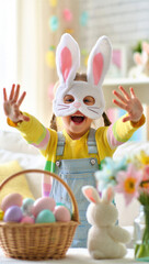 Naklejka premium Happy child in bunny mask with arms outstretched, smiling girl in Easter costume near egg basket, spring holiday celebration at home, festive pastel decorations, playful childhood moment