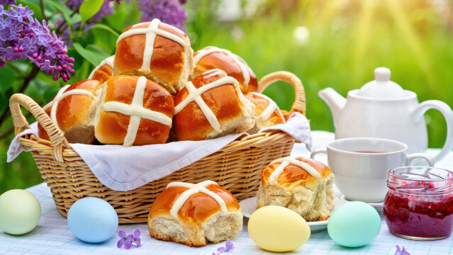 Basket of hot cross buns, teapot, teacup, jam jar, pastel dyed eggs on checked cloth, lilac blossoms in sunlight, easter brunch table outdoors, homemade spring pastries, family holiday morning