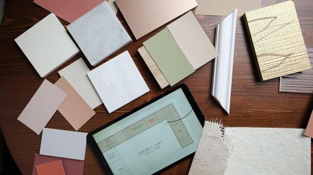 architect/interior designer working with material samples for modern kitchen design, top view 4k video