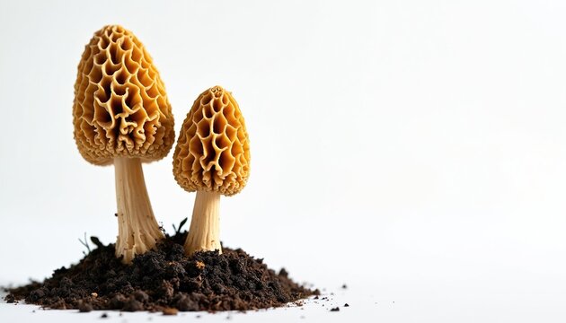 Two morel mushrooms grow in dark soil on clean white background. Honeycomb caps golden brown with tall pale stems. Simple food image offers ample copy space for recipes nature articles.