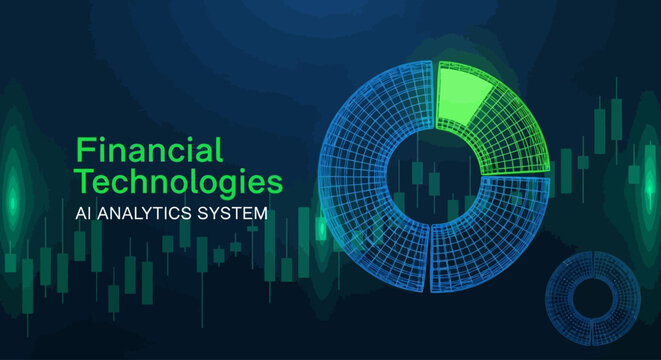 Financial Technologies AI Analytics System, futuristic digital trading dashboard with circular data charts, stock market candlestick background