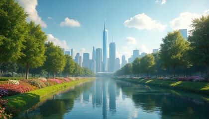 Fototapeta premium River flows through urban park, reflecting tall city skyscrapers. Lush green trees line canal banks with colorful flowers. Bright sunny day illuminates peaceful waterside landscape.