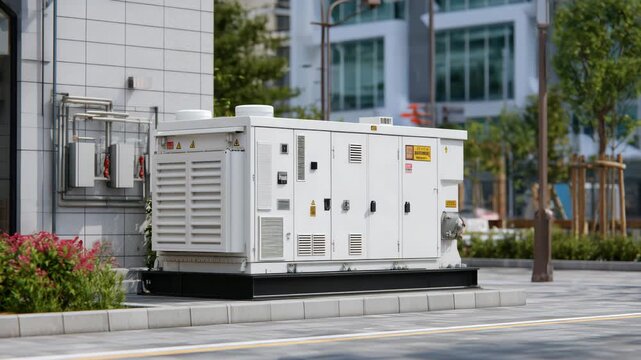 14Hyper-realistic emergency generator unit supporting office building power systems, generator aligned parallel to building wall, electrical junction boxes and conduits visible, clea