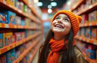 Obraz premium Joyful young girl in orange hat and scarf looks up amazed in toy store aisle. Shelves packed with colorful toys and gifts create wonder. Childhood dreams fill small shopper eyes.