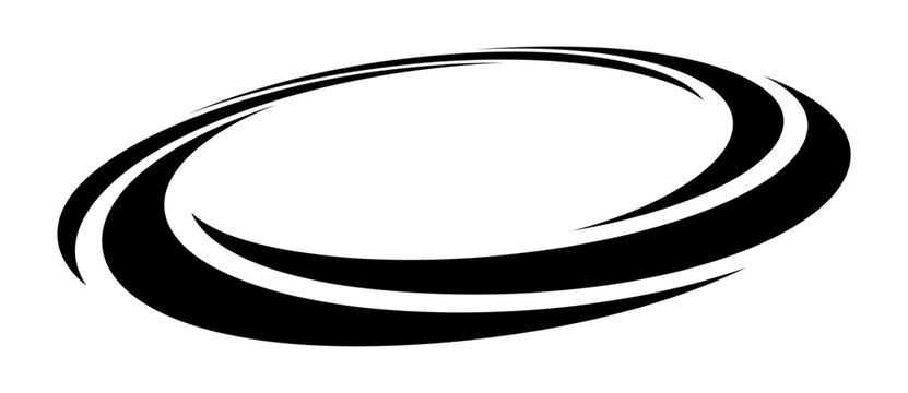 Abstract black swirl ellipse with dynamic motion lines on white background. Geometric spiral ring with speed effect. Minimal monochrome design for logos, posters and branding.