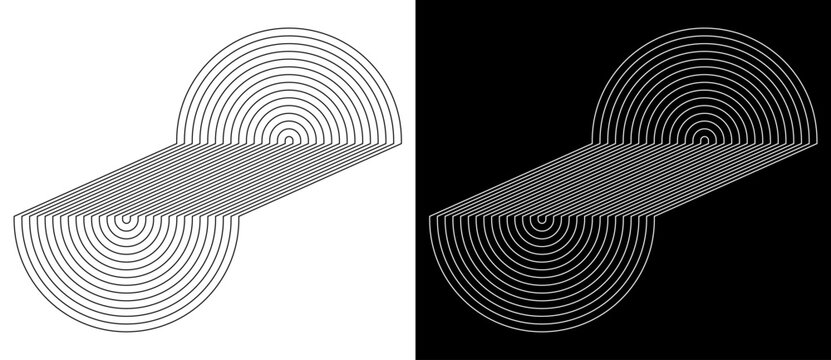 Abstract geometric S-shape with concentric semicircle lines on dual background. Minimal linear design with retro wave pattern. Monochrome set for posters, branding and covers.