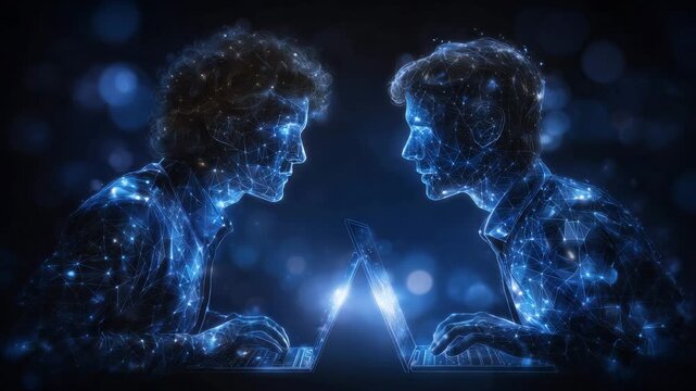 46Connectioneering illustrated through two people collaborating over a shared digital workspace, glowing screens reflecting on their focused faces, visual metaphor of ideas linking a