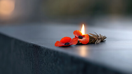 Eternal flame burning on dark memorial stone beside red poppies, evoking solemn remembrance, tribute to fallen soldiers, sacrifice, reflection and enduring national honor