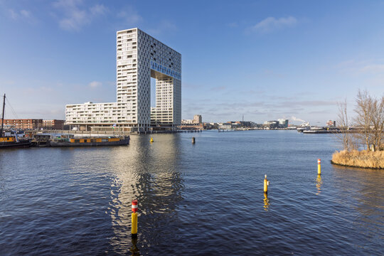Iconic Pontsteiger Building with Portal Shaped Architecture in Houthaven District at the IJ River Waterfront in Amsterdam Netherlands, 28 december 2025