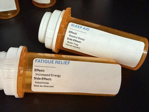 Medication side effects and treatment cycle concept with prescription bottles