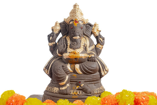 Traditional Ganesha Idol with Flower Garland on White Background