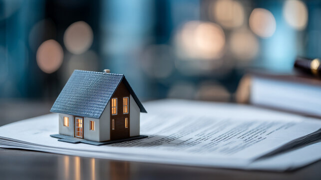 Close-up of miniature house on legal documents representing property inheritance in blurred office