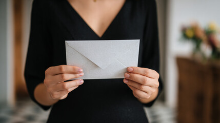Naklejka premium Woman in black dress at home holding an envelope with an inheritance letter