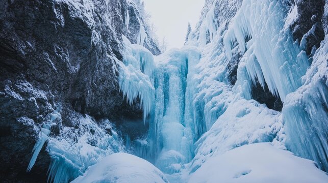 An undiscovered frozen waterfall cascading down a massive glacier, frozen mid-motion. --ar 16:9 --v 6.1 Job ID: 32f95a14-0160-498c-b99a-fcbc4aa6203e