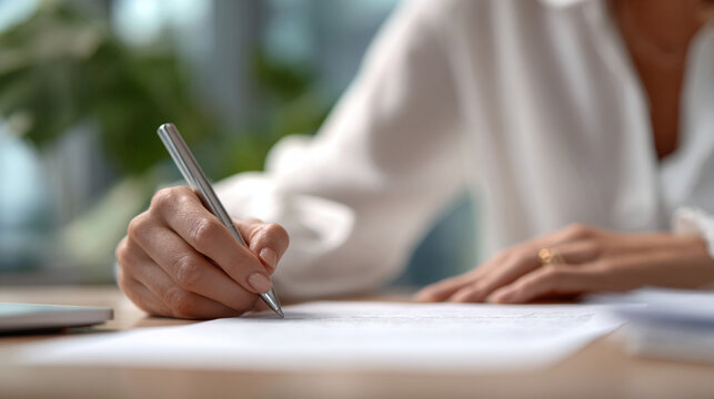 Woman in White Blouse Signing Inheritance Agreement at Desk in Blurred Office Background