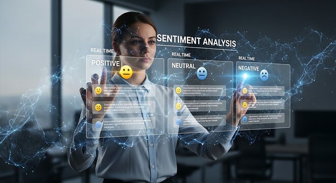 Sentiment analysis concept. A marketer's hand analyzes a hologram where customer comments are classified as positive, neutral, or negative with corresponding emoji icons.
