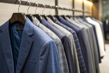 Obraz premium Garnitury na wieszakach w szafie, wybór męskiej odzieży biznesowej, eleganckie marynarki w garderobie i sklepie.