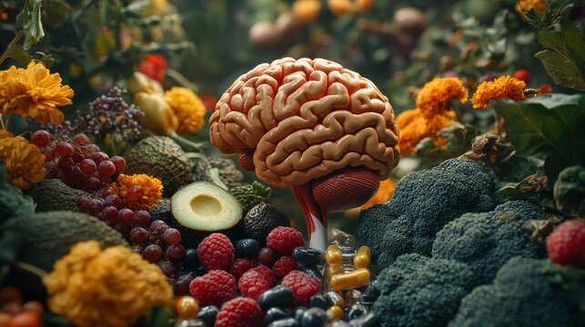 Anatomical Model of the Brain and Heart in 3D, Surrounded by Vitamins, Herbal Supplements, and Fresh Organic Food Like Avocados and Spinach. --ar 16:9 --stylize 750 --v 6.1 Job ID: dc770a12-a81d-4bea-