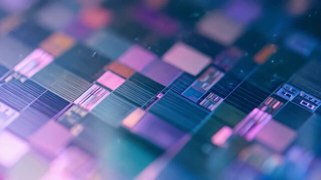 Microchip wafer displaying intricate circuitry and glowing patterns, symbolizing advanced technology, data processing, and innovation in digital electronics